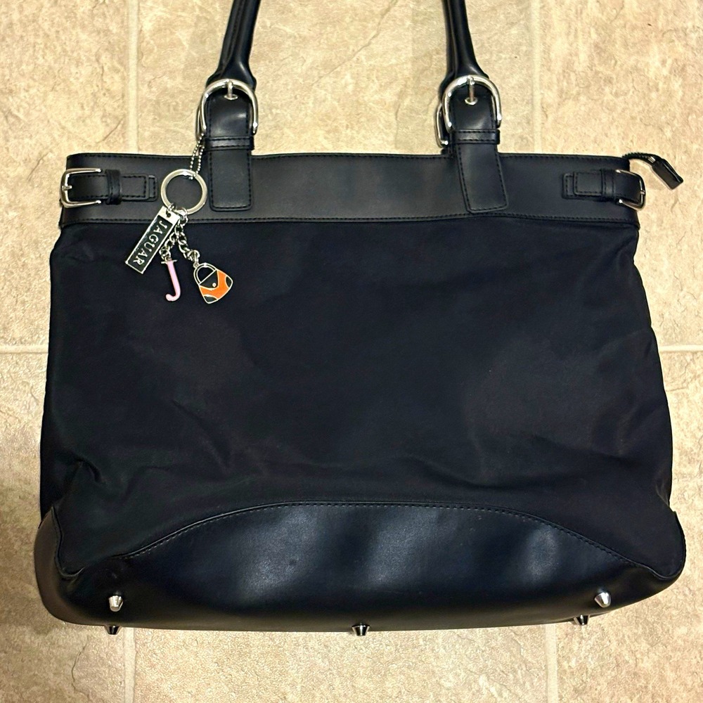 Jaguar Black Tote Handbag Zip Top Pink Lining Silver Hardware Charm Pockets